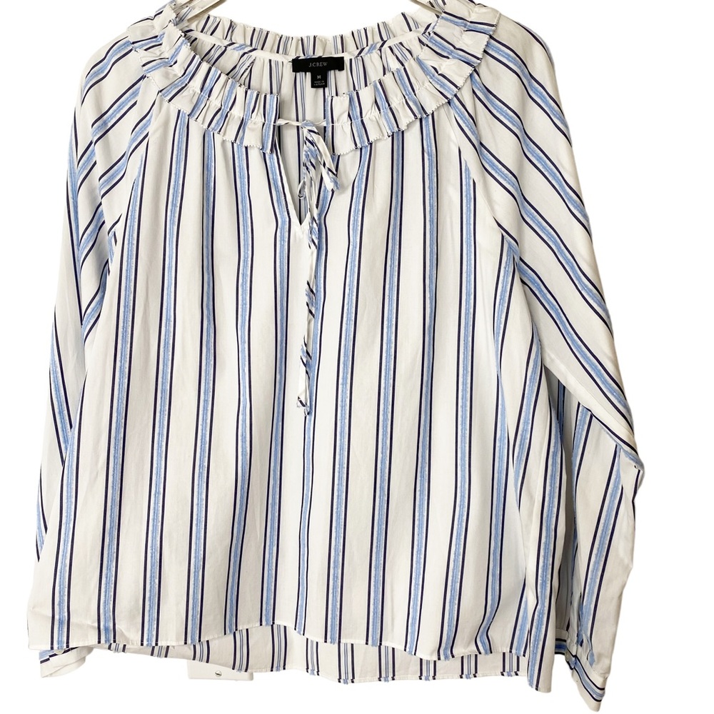 J Crew Blue White Striped Ruffle Peasant Blouse Medium